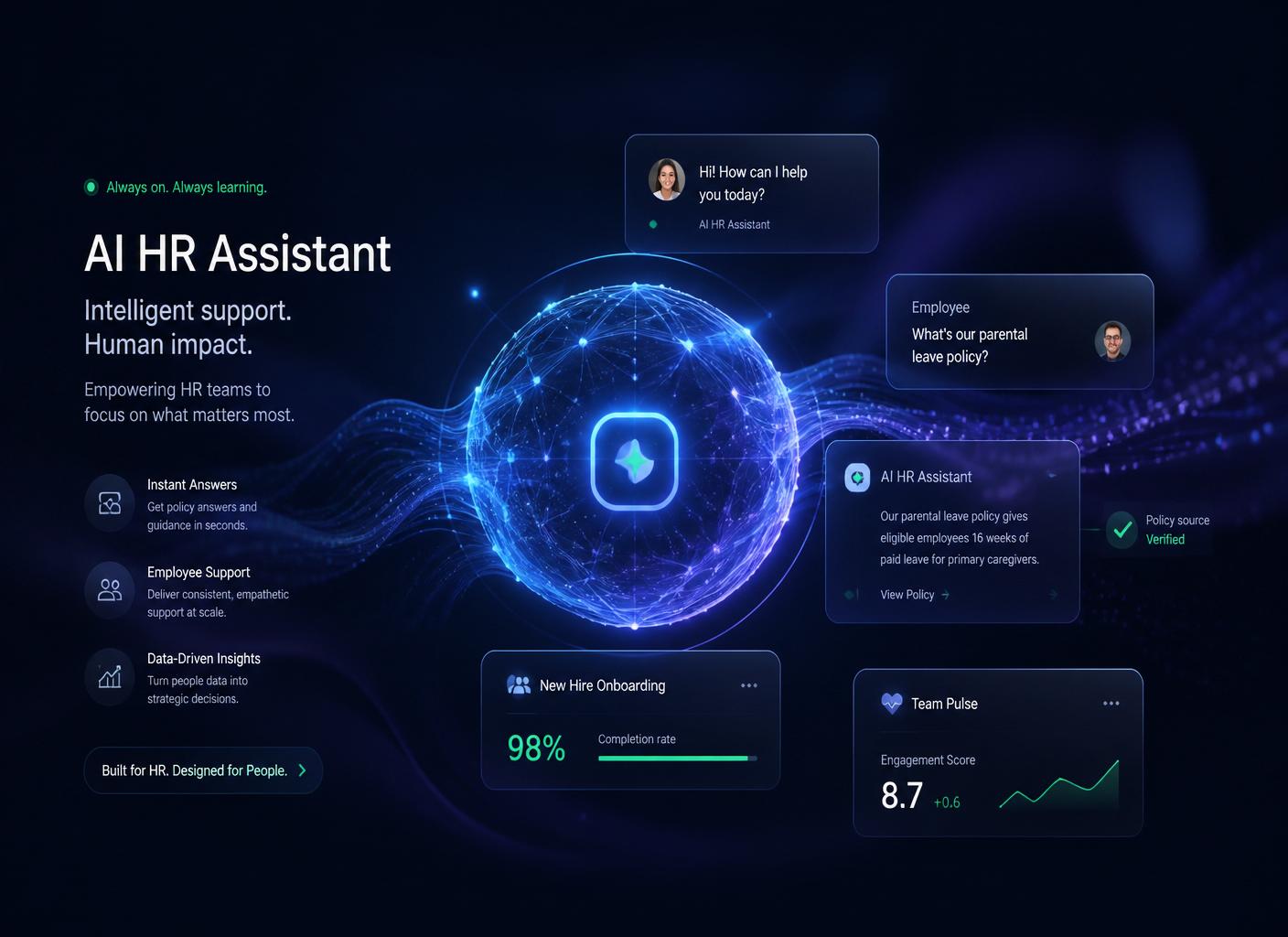 Illustration of the King Ops AI HR assistant answering employee questions